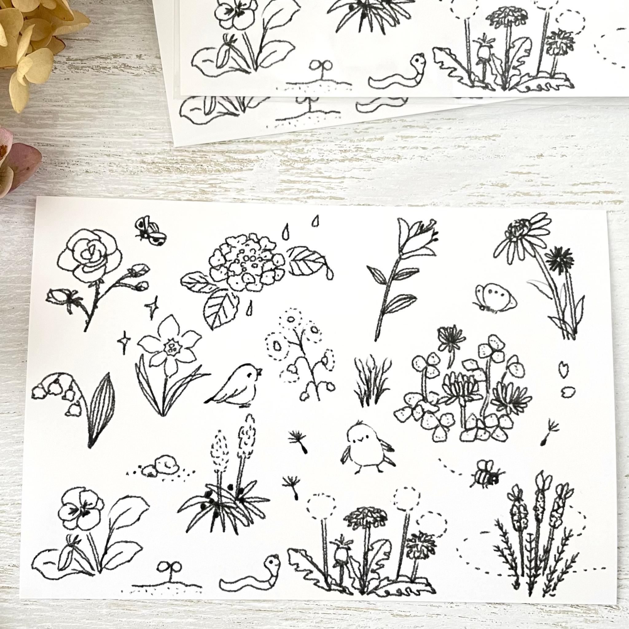 お庭のお花ぬりえ３枚ポストカード白黒